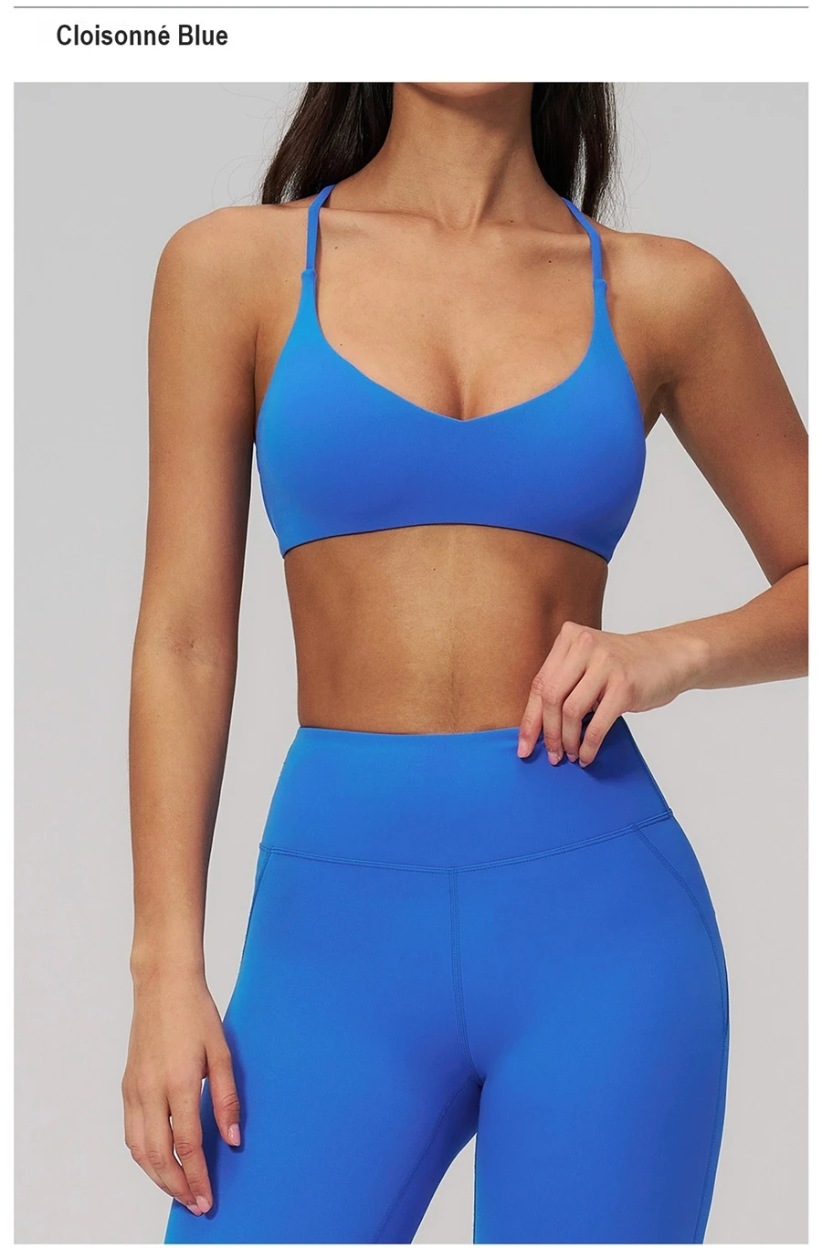 front view for cross back sports bra blue