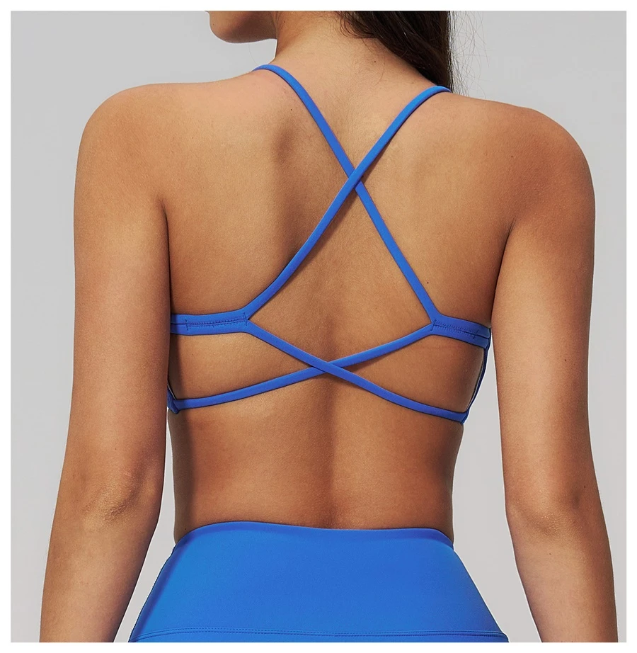 Women's quick dry nylon spandex workout bra with cross back design-blue