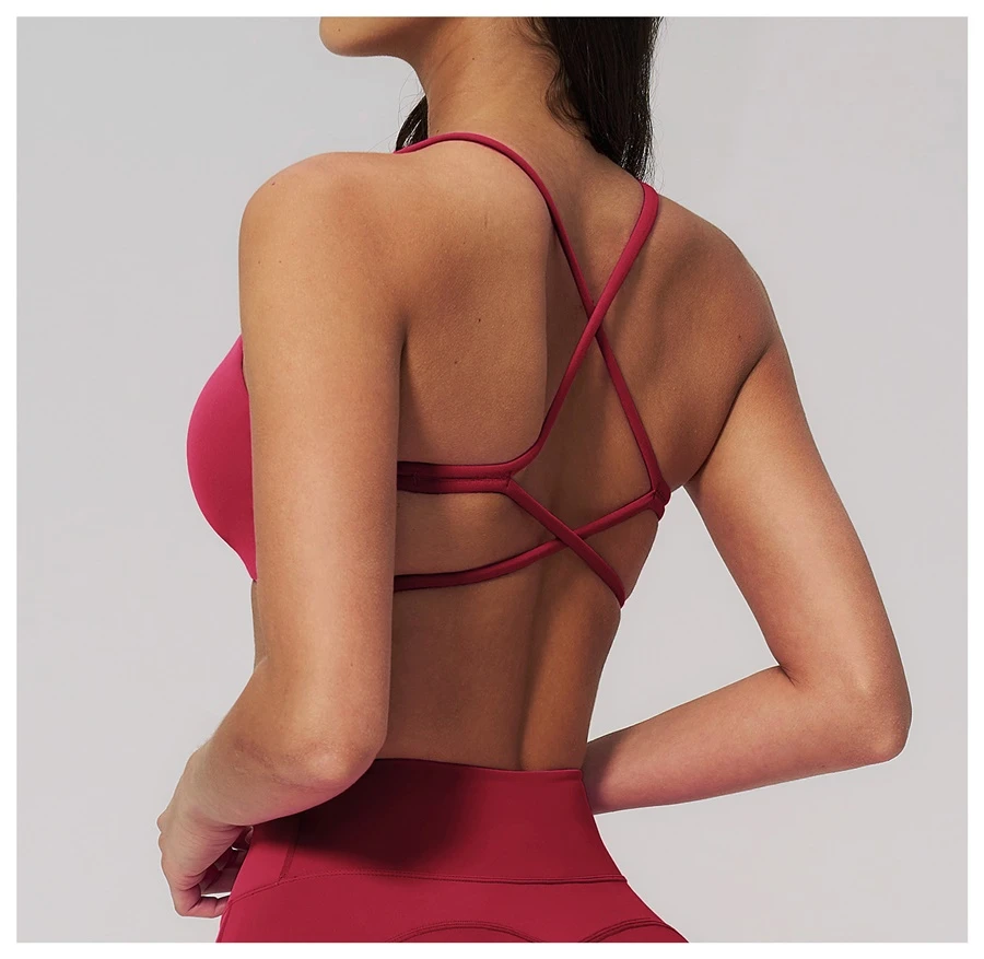 Women's quick dry nylon spandex workout bra with cross back design-red