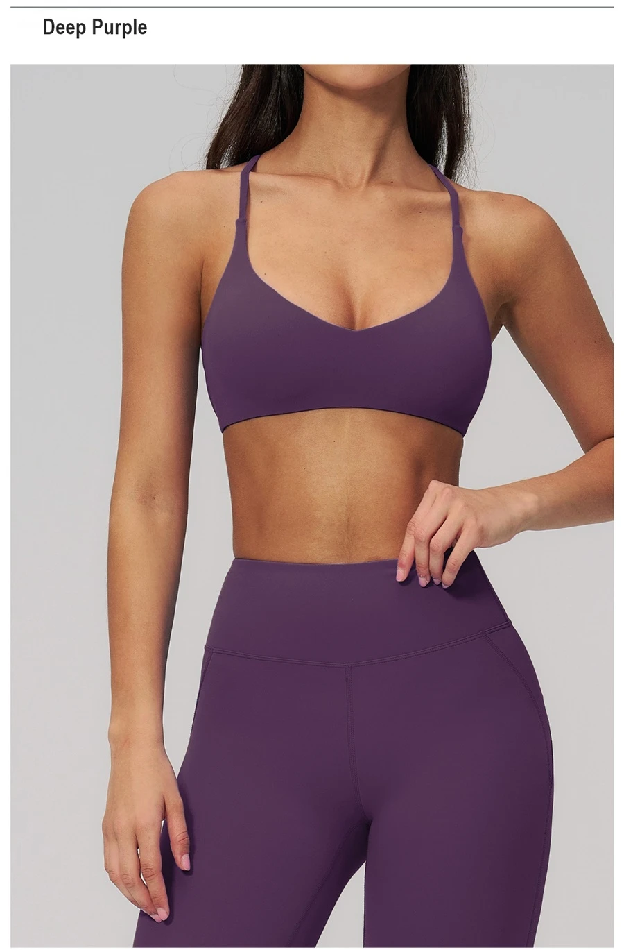 front view for cross back sports bra -deep purple
