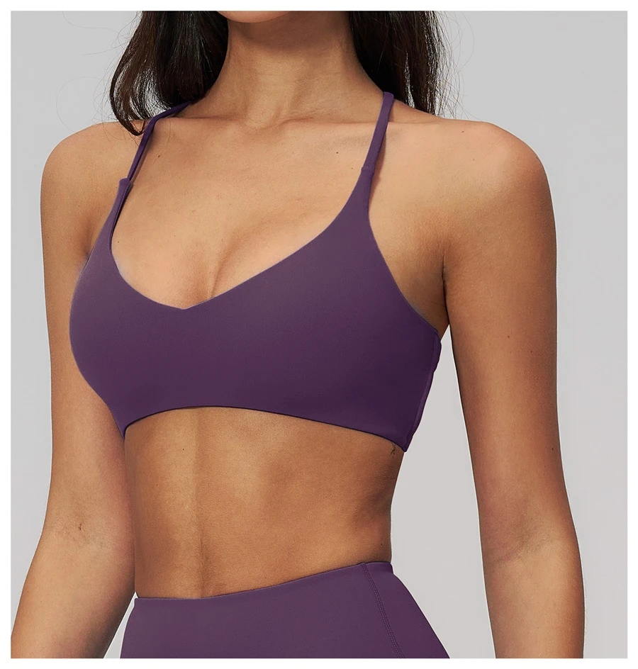 front view for cross back sports bra-purple