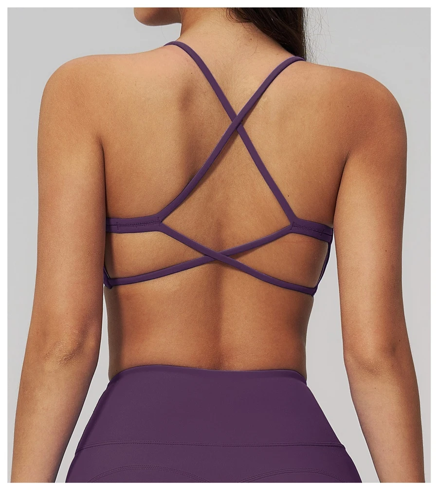 Women's quick dry nylon spandex workout bra with cross back design-purple
