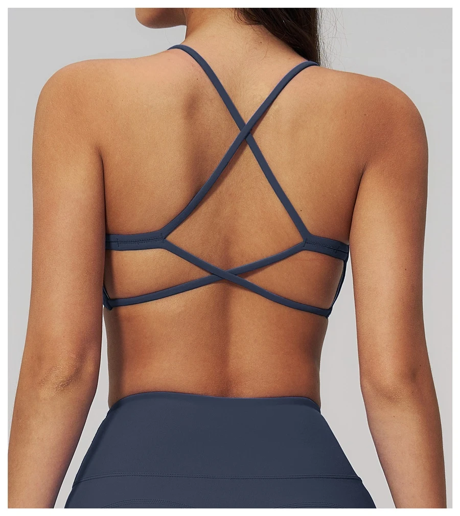 Women's quick dry nylon spandex workout bra with cross back design-grey blue
