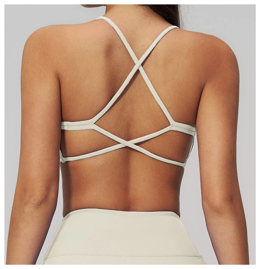 Women's quick dry nylon spandex workout bra with cross back design-apricot
