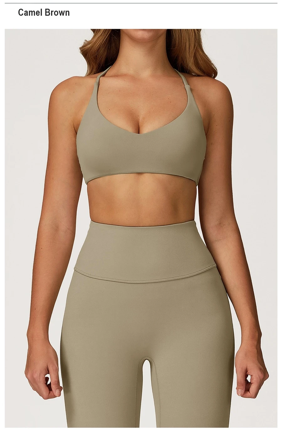front view for cross back sports bra-camel brown