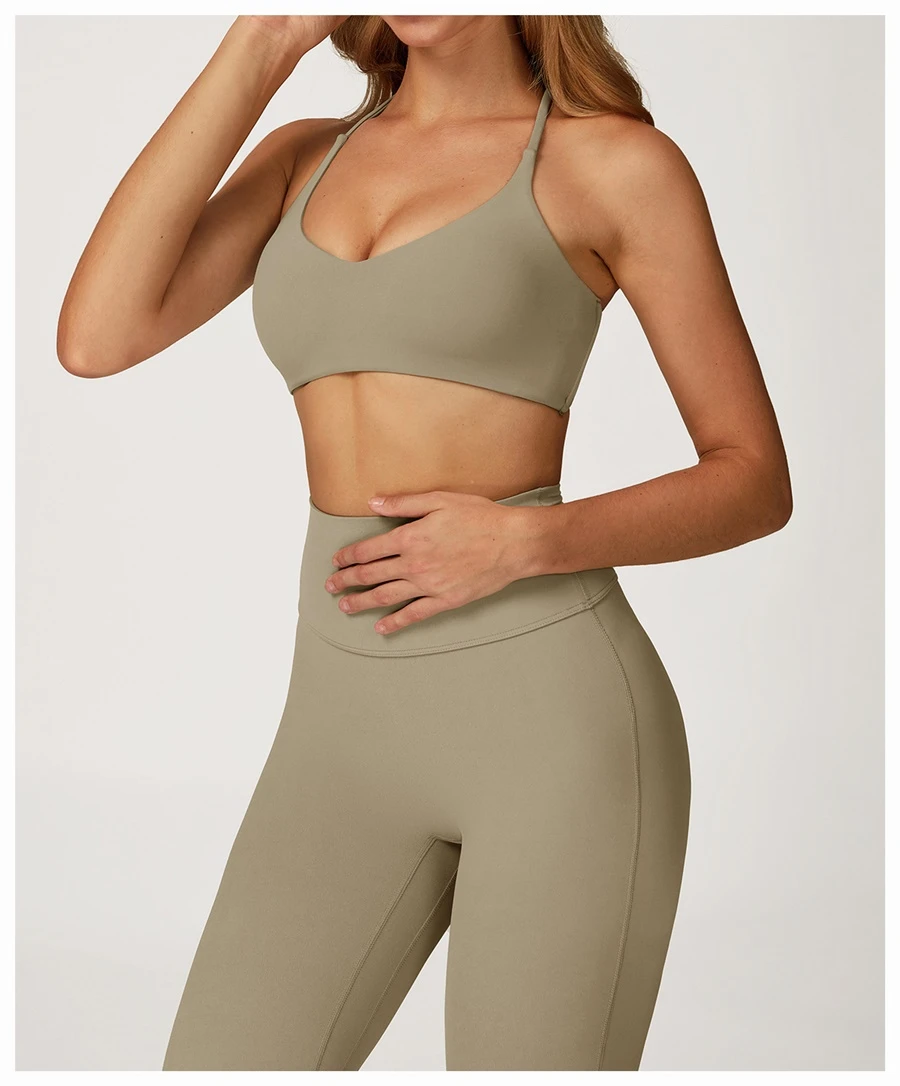 side view for cross back sports bra- camel brown