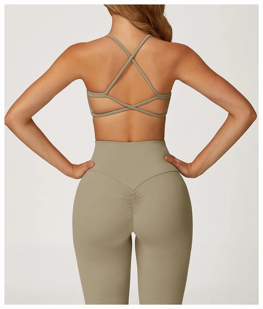 Women's quick dry nylon spandex workout bra with cross back design-camel brown