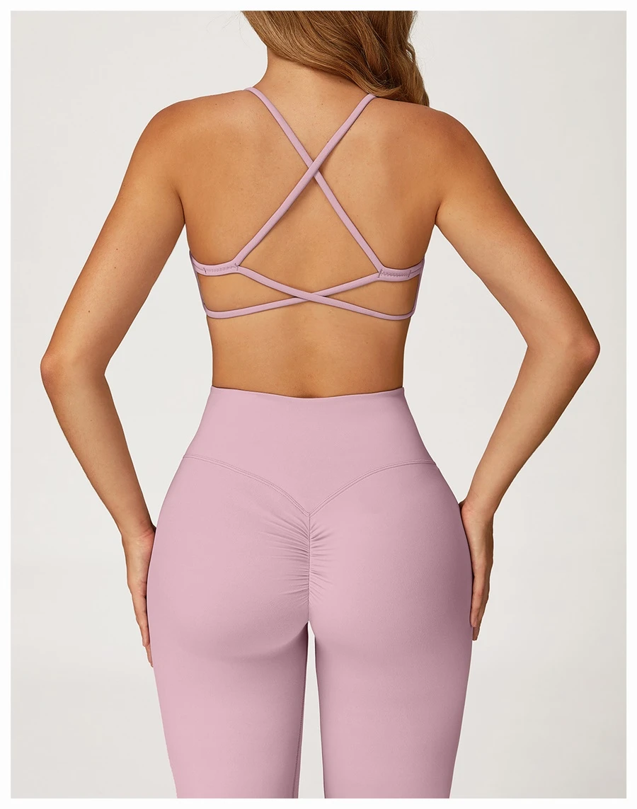 Women's quick dry nylon spandex workout bra with cross back design-pink