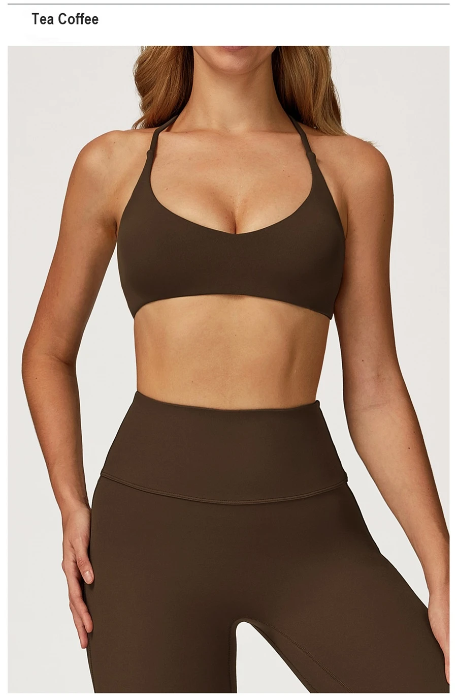 front view for cross back sports bra-tea coffee