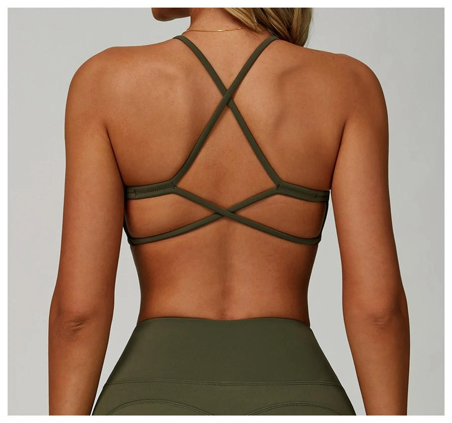 Women's quick dry nylon spandex workout bra with cross back design-green