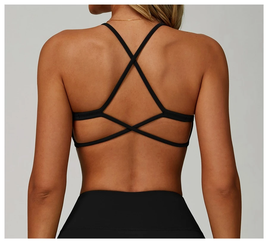 Women's quick dry nylon spandex workout bra with cross back design-black
