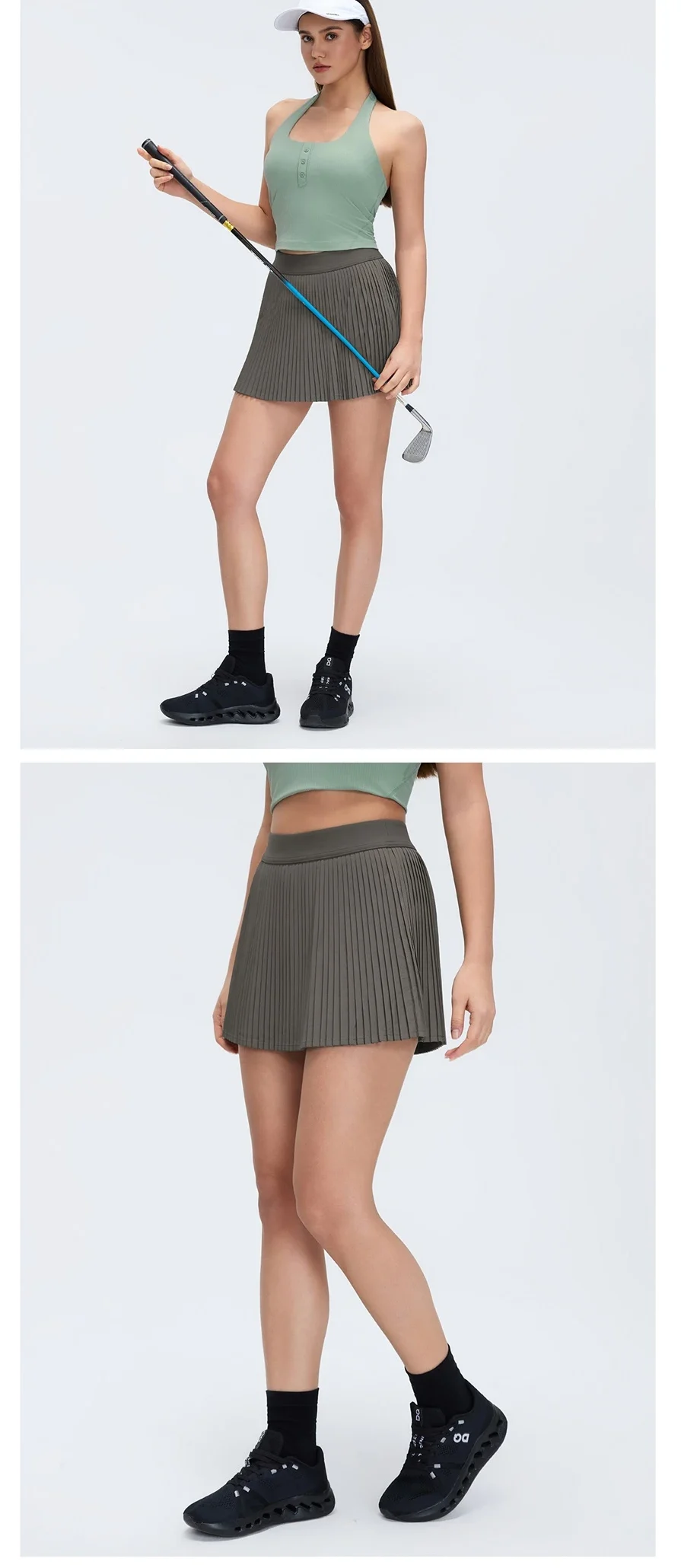 Women's athletic skirt with inner shorts and stretch waistband design