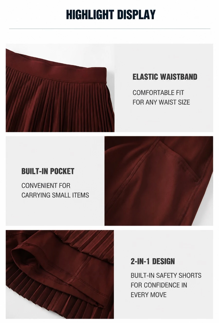 Women's pleated tennis skirt with built-in shorts for golf and fitness-key features