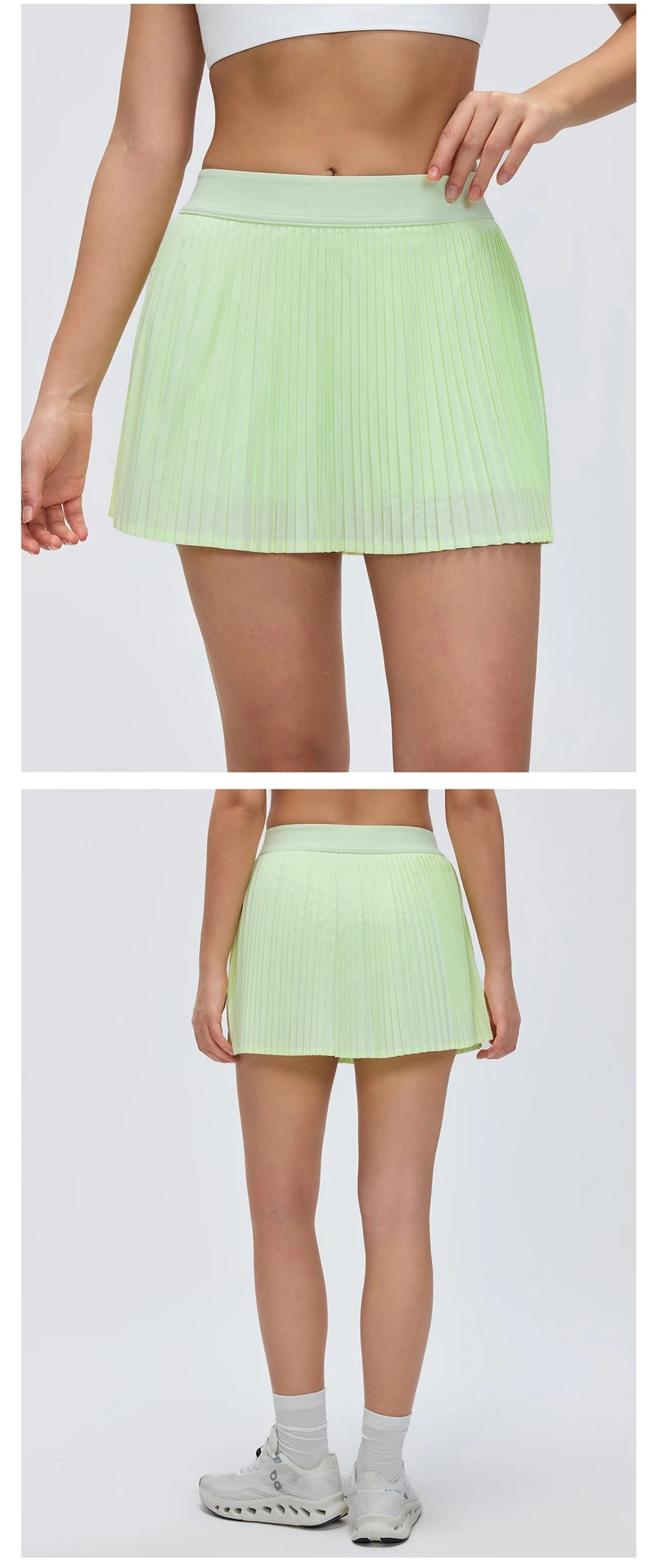 Women's athletic skirt with inner shorts and stretch waistband design