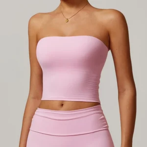 Women's strapless longline sports bra with removable padded cups, brushed four-way stretch fabric for yoga, Pilates, gym workouts, and athleisure