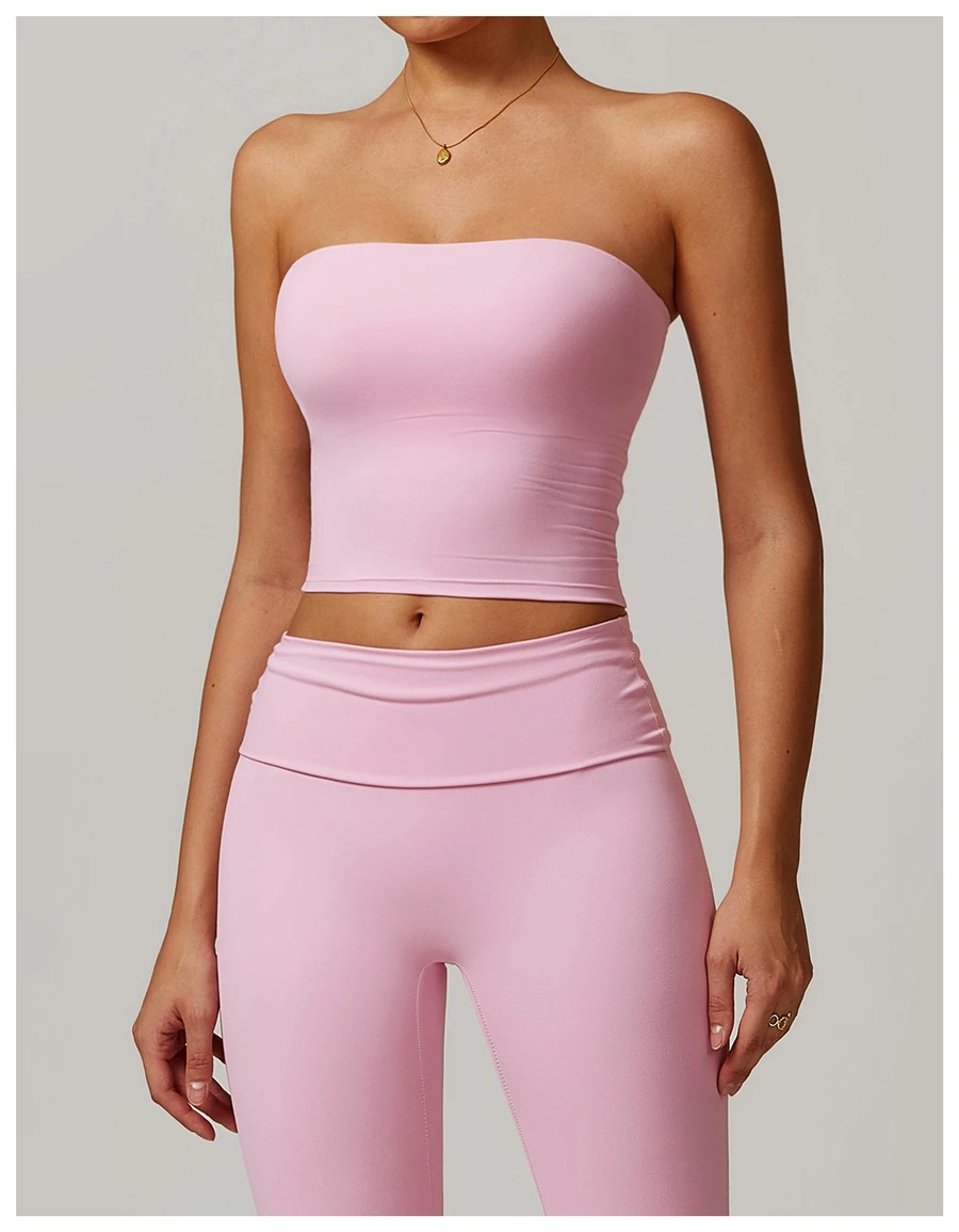 Women's strapless longline sports bra with removable padded cups, brushed four-way stretch fabric for yoga, Pilates, gym workouts, and athleisure-pink front view