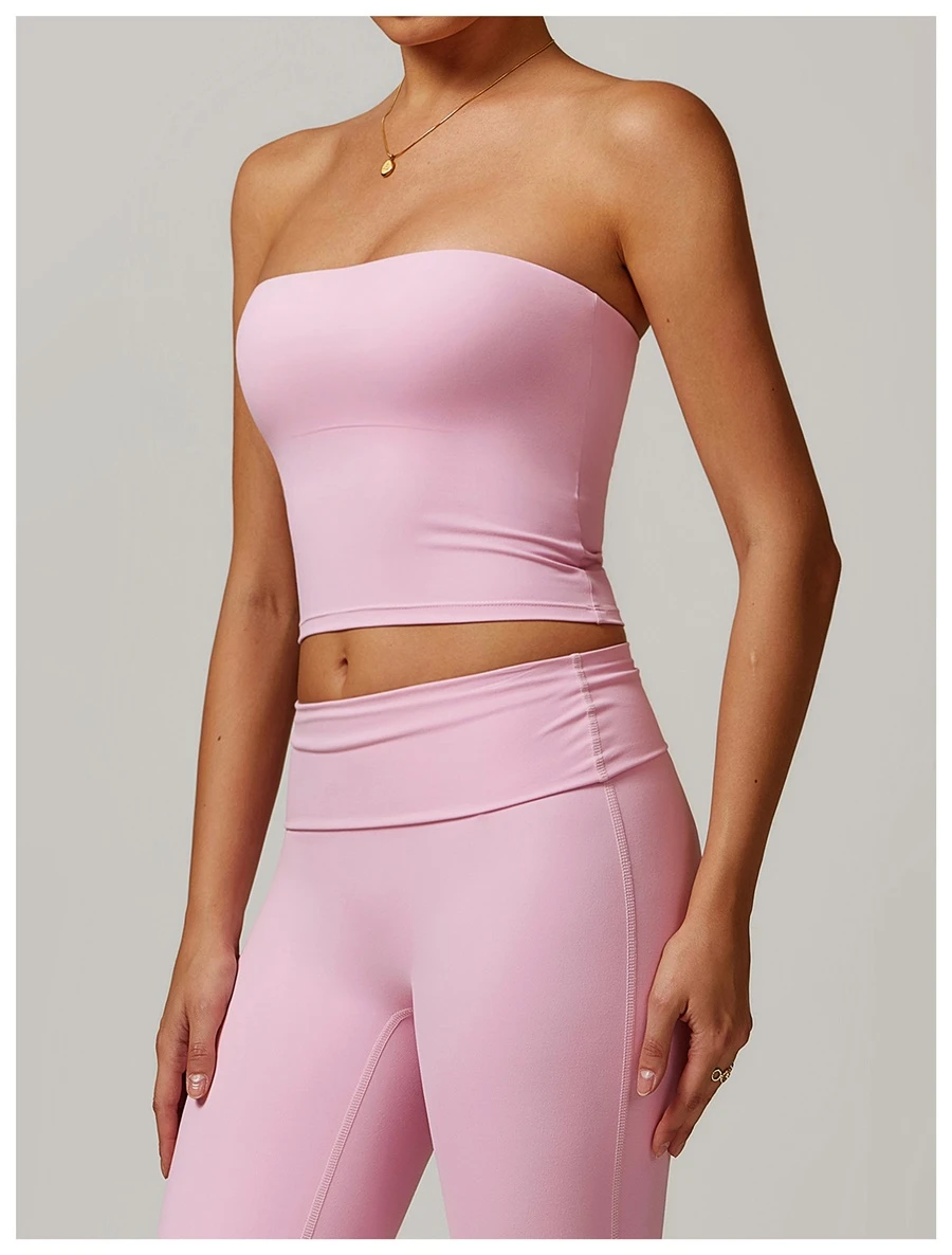 Women's strapless longline sports bra with removable padded cups, brushed four-way stretch fabric for yoga, Pilates, gym workouts, and athleisure-pink side view