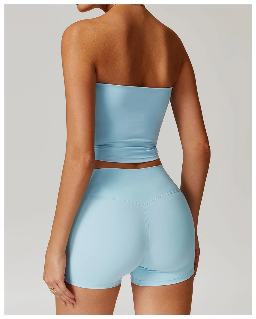 Women's strapless longline sports bra with removable padded cups, brushed four-way stretch fabric for yoga, Pilates, gym workouts, and athleisure-sky blue back view