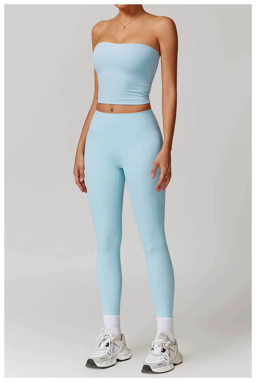 Women's strapless longline sports bra with removable padded cups, brushed four-way stretch fabric for yoga, Pilates, gym workouts, and athleisure-sky blue side view