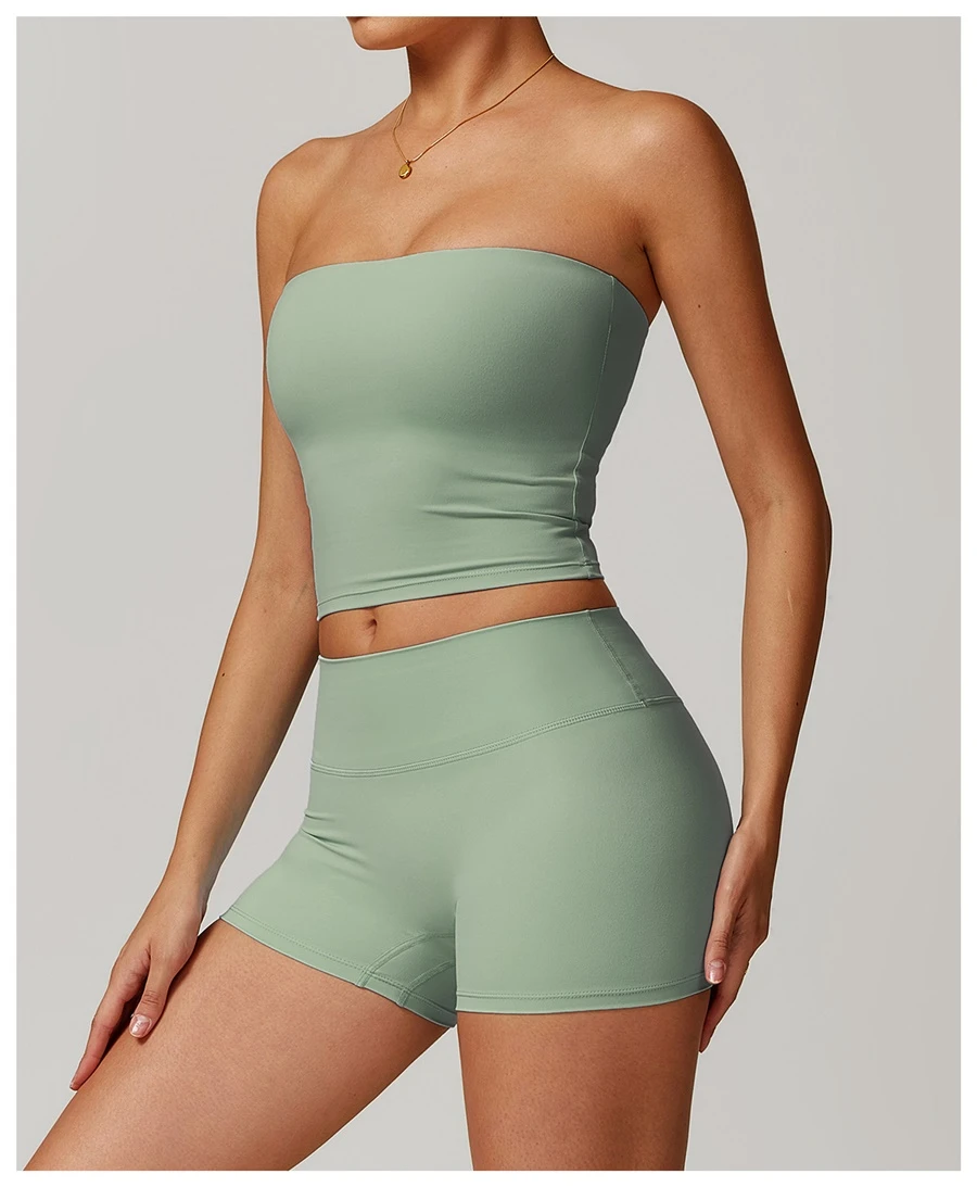 Women's strapless longline sports bra with removable padded cups, brushed four-way stretch fabric for yoga, Pilates, gym workouts, and athleisure-green side view