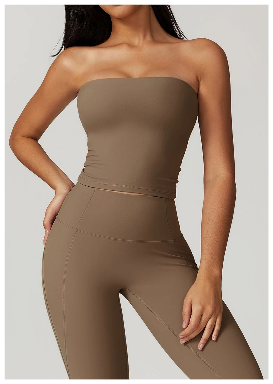 Women's strapless longline sports bra with removable padded cups, brushed four-way stretch fabric for yoga, Pilates, gym workouts, and athleisure-mocha brown front view