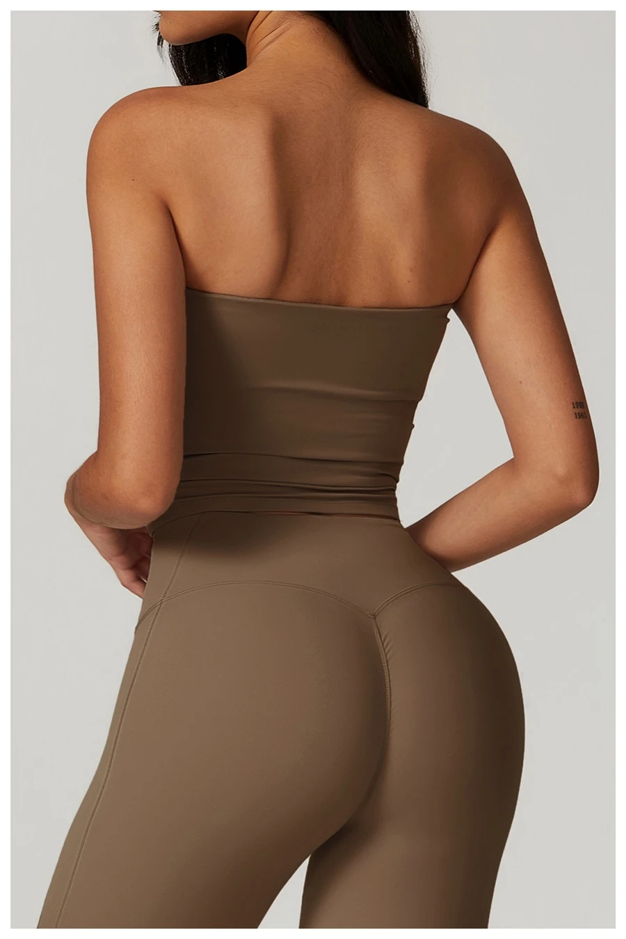 Women's strapless longline sports bra with removable padded cups, brushed four-way stretch fabric for yoga, Pilates, gym workouts, and athleisure-mocha brown back view