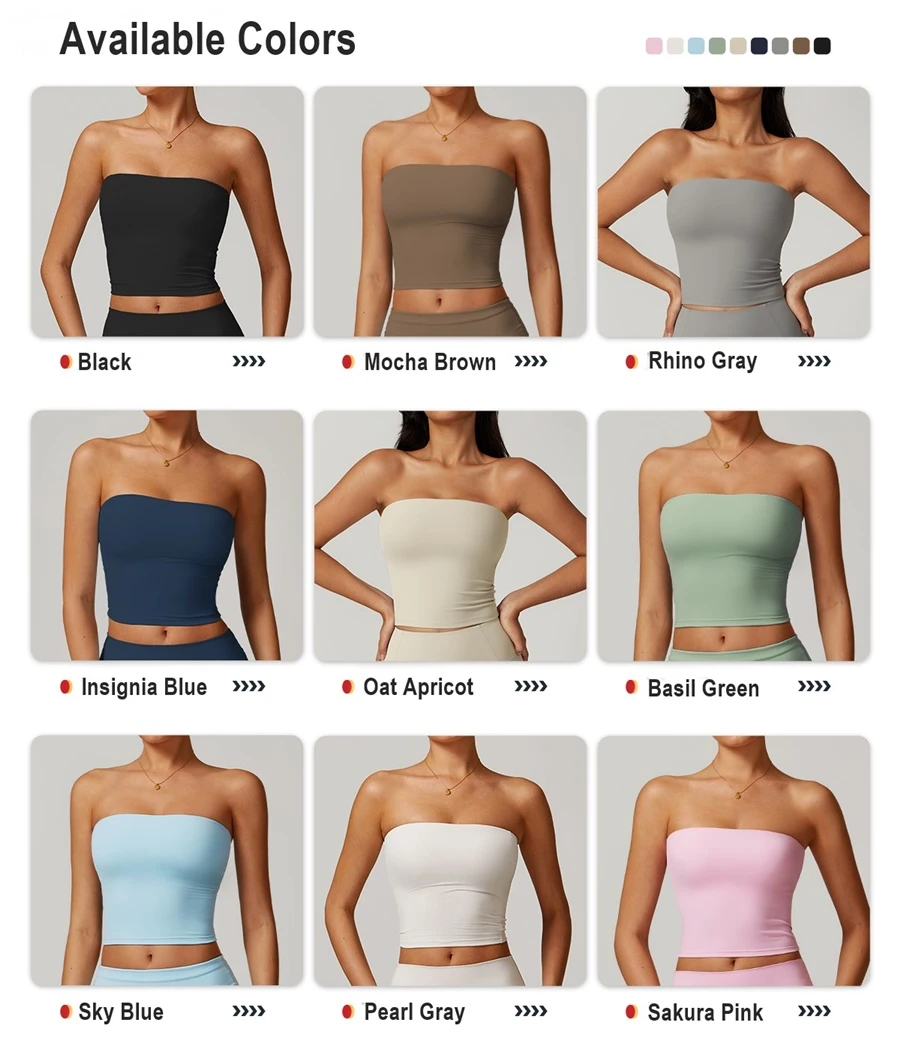 Women's strapless longline sports bra with removable padded cups, brushed four-way stretch fabric for yoga, Pilates, gym workouts, and athleisure-available colors