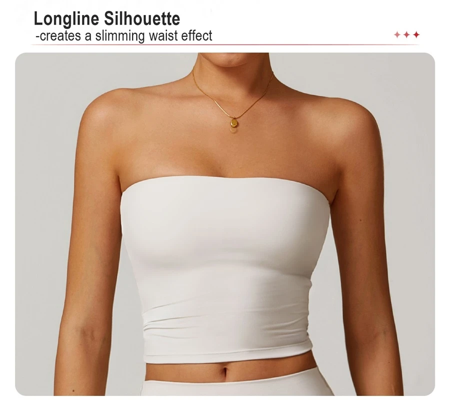 Women's strapless longline sports bra with removable padded cups, brushed four-way stretch fabric for yoga, Pilates, gym workouts, and athleisure-key features