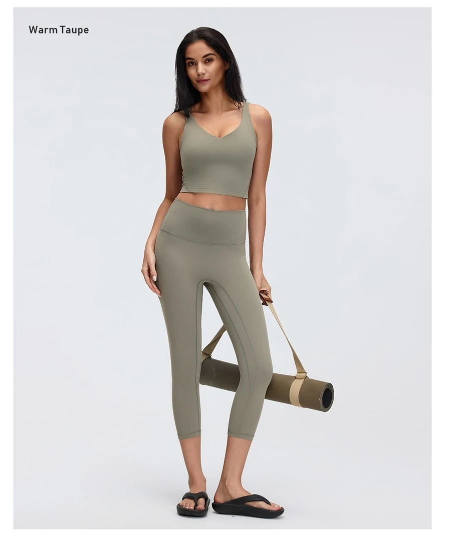 Women's deep V-neck workout bra with wide elastic shoulder straps-warm taupe