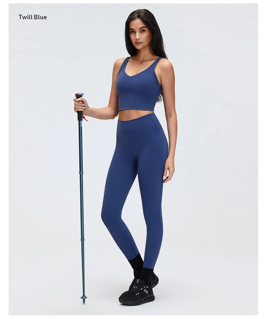 Women's deep V-neck workout bra with wide elastic shoulder straps-twill blue
