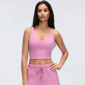 Women's V-neck medium support sports bra for yoga running and fitness-pink
