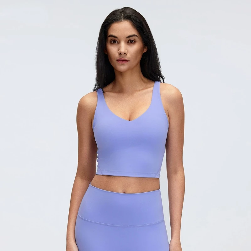 Women's V-neck medium support sports bra for yoga running and fitness-purple