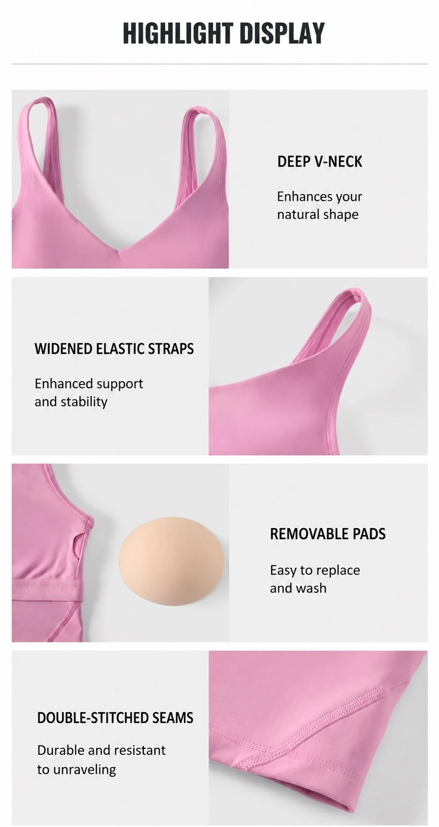 Women's V-neck medium support sports bra for yoga running and fitness-key features