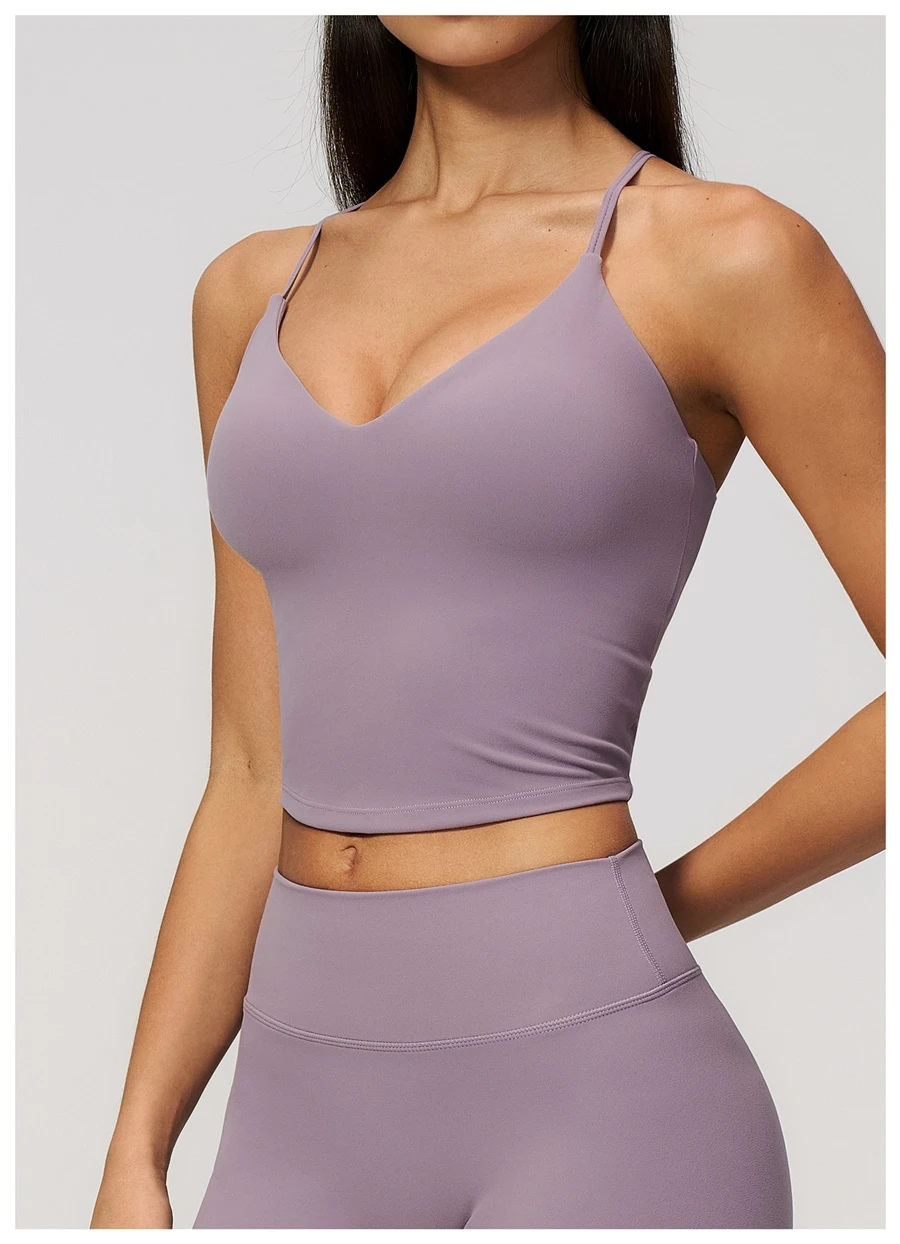 side view for Women's V-neck workout tank top with adjustable shoulder straps-lilac purple