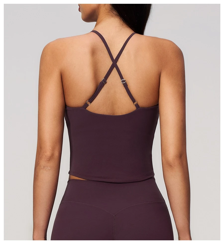 Cross back yoga tank top highlighting elegant open back design-ink purple