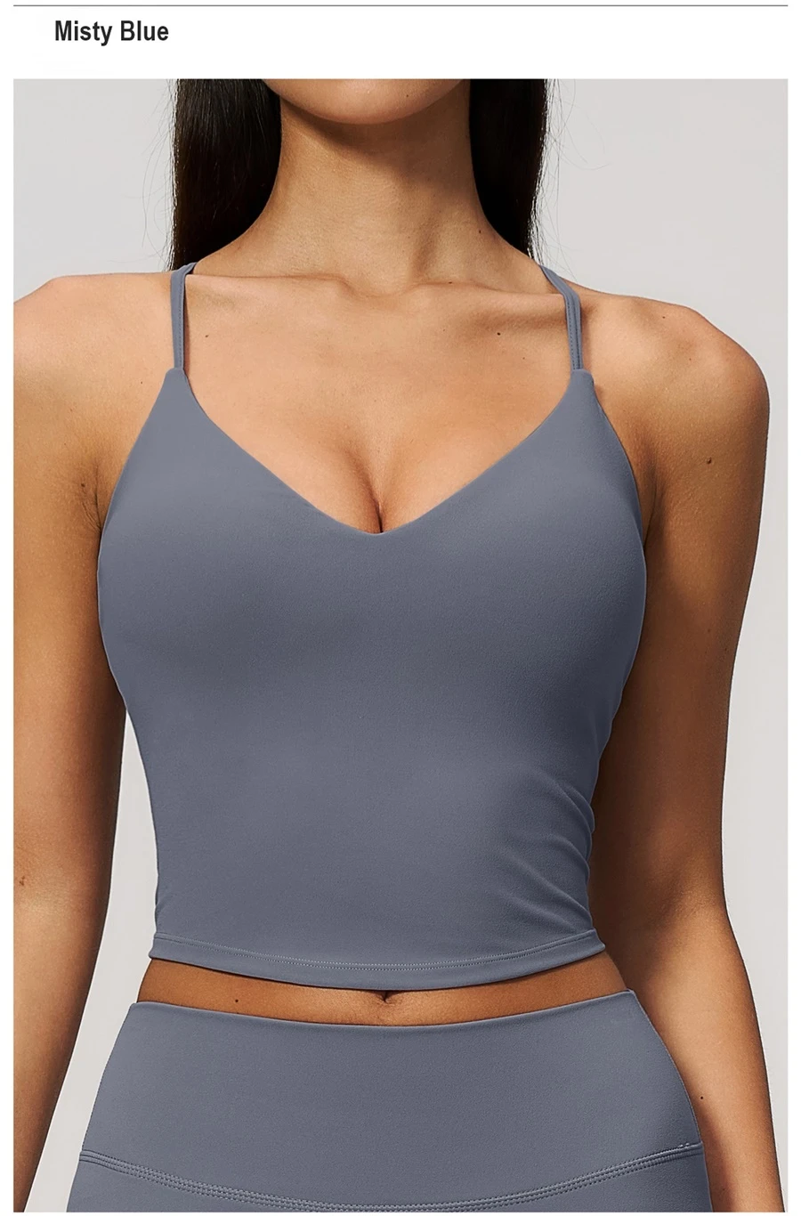 Women's V-neck workout tank top with adjustable shoulder straps-misty blue