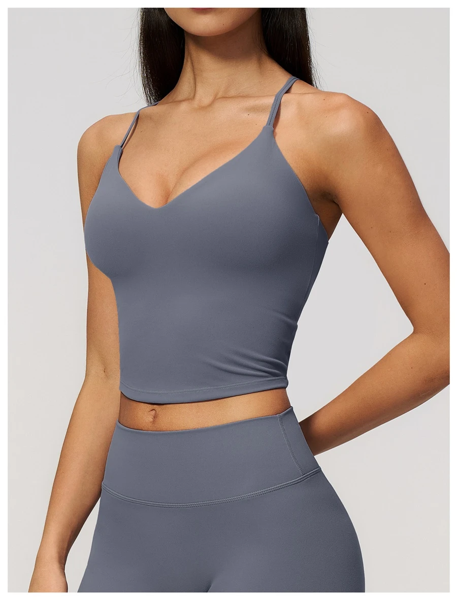 Women's buttery soft fitness tank with removable padded cups and adjustable straps-misty blue