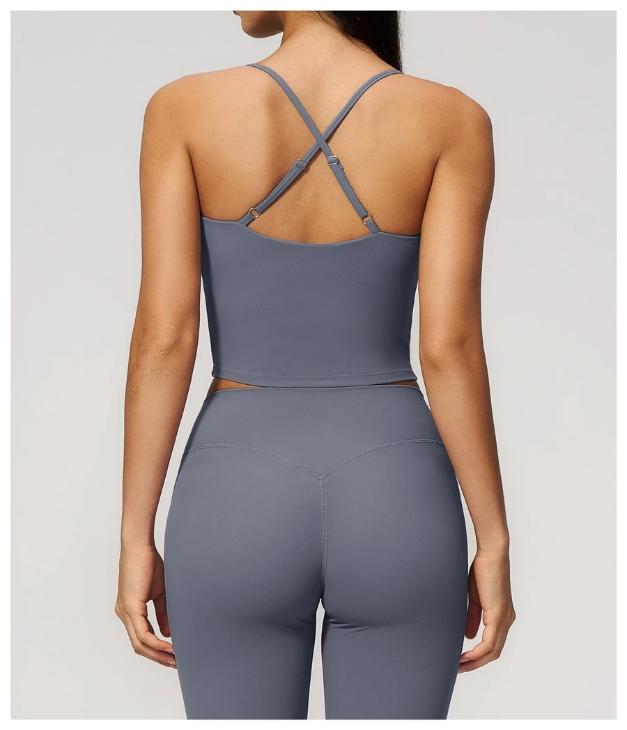 Cross back yoga tank top highlighting elegant open back design-misty blue