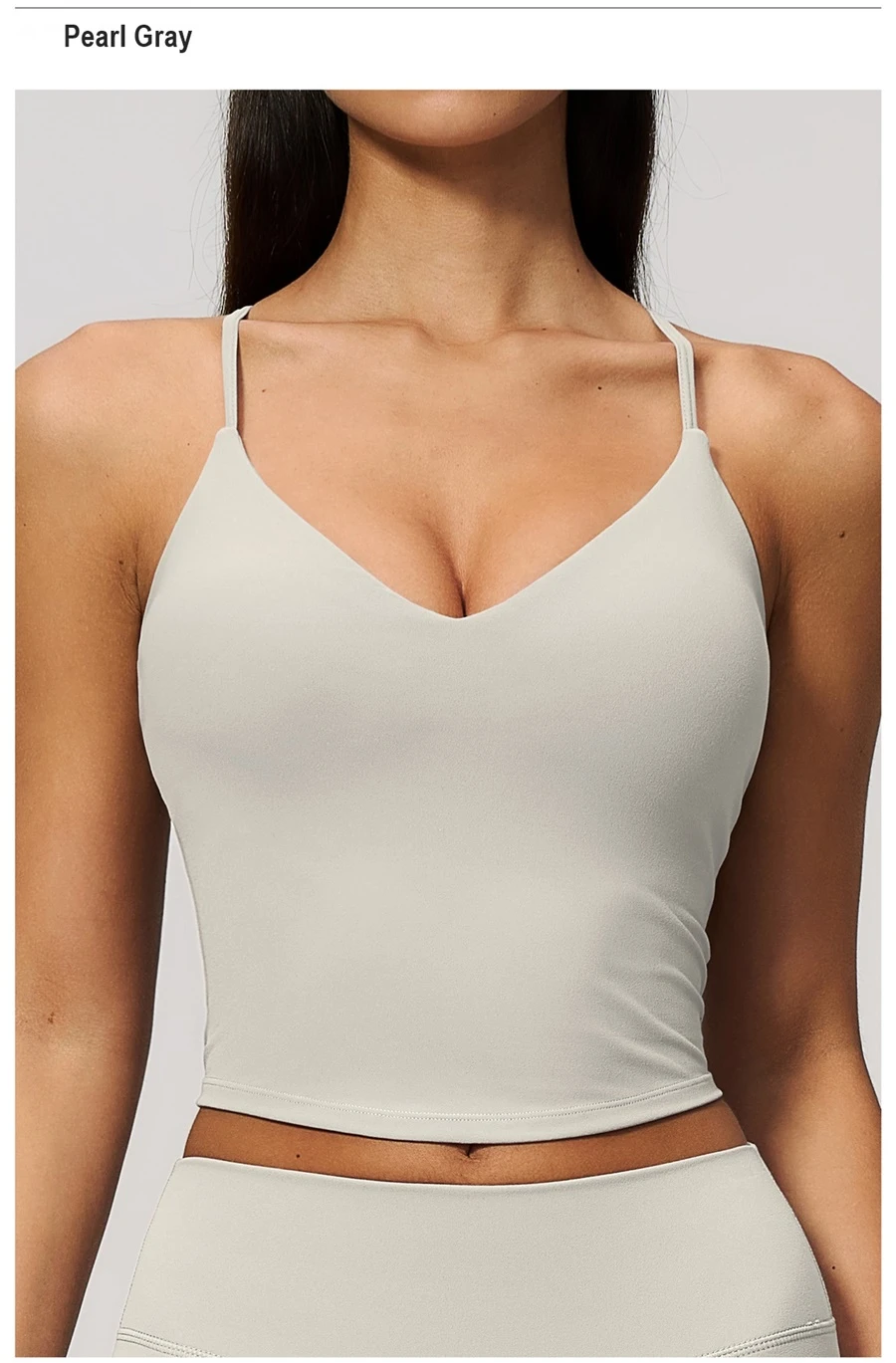 Women's V-neck workout tank top with adjustable shoulder straps-pearl grey