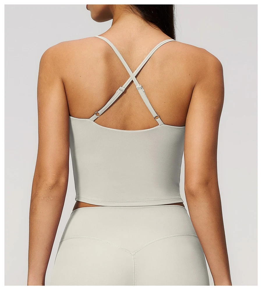 Cross back yoga tank top highlighting elegant open back design-pearl grey