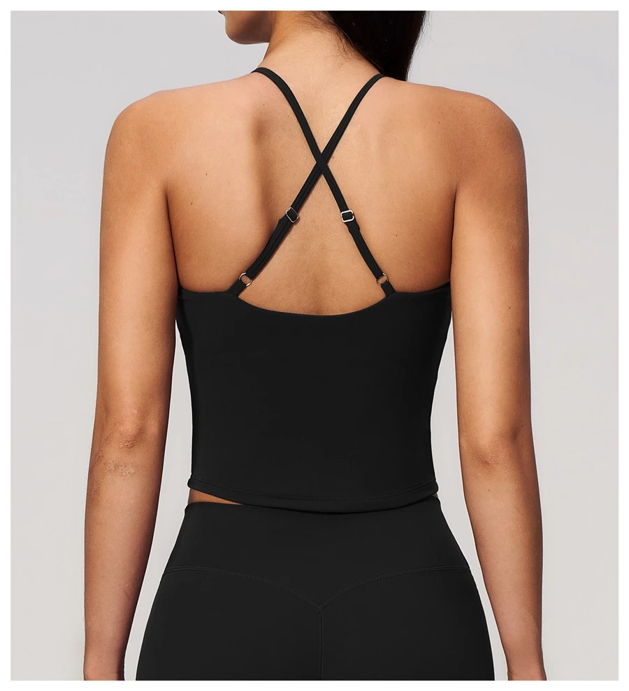 Cross back yoga tank top highlighting elegant open back design-black
