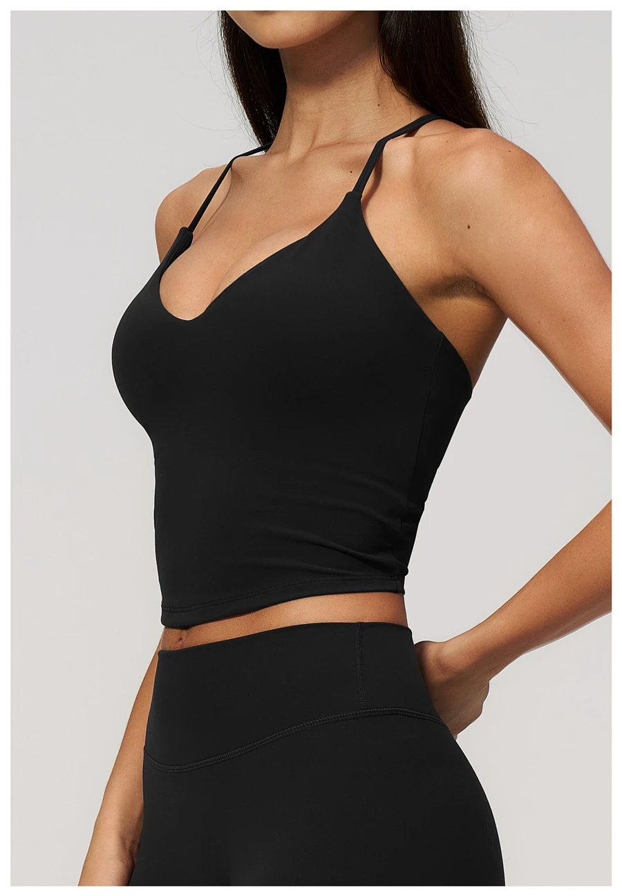 Women's buttery soft fitness tank with removable padded cups and adjustable straps-black