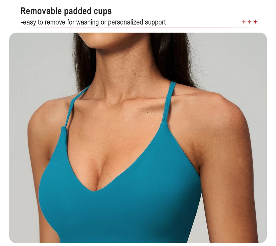 Women's V-neck workout tank top with adjustable shoulder straps-side view