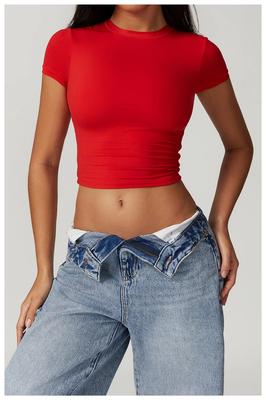 Women's cropped short sleeve yoga top in brushed four-way stretch fabric for yoga, Pilates, running, gym workouts, and activewear-red front view