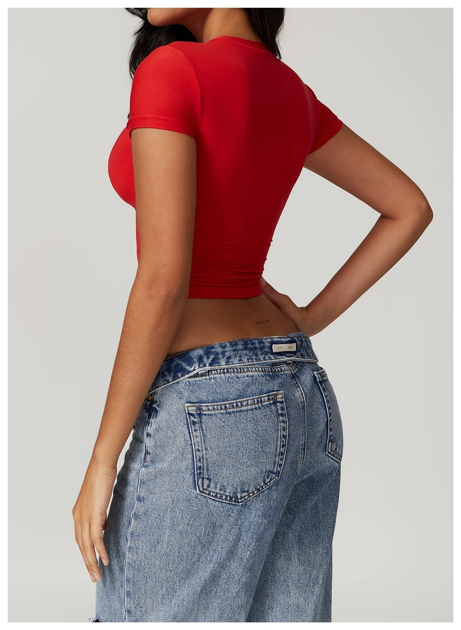 Women's cropped short sleeve yoga top in brushed four-way stretch fabric for yoga, Pilates, running, gym workouts, and activewear-red side view