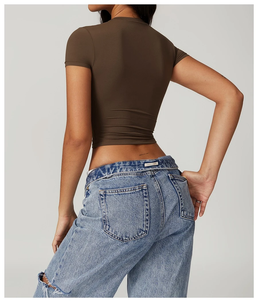 Women's cropped short sleeve yoga top in brushed four-way stretch fabric for yoga, Pilates, running, gym workouts, and activewear-coffee back view
