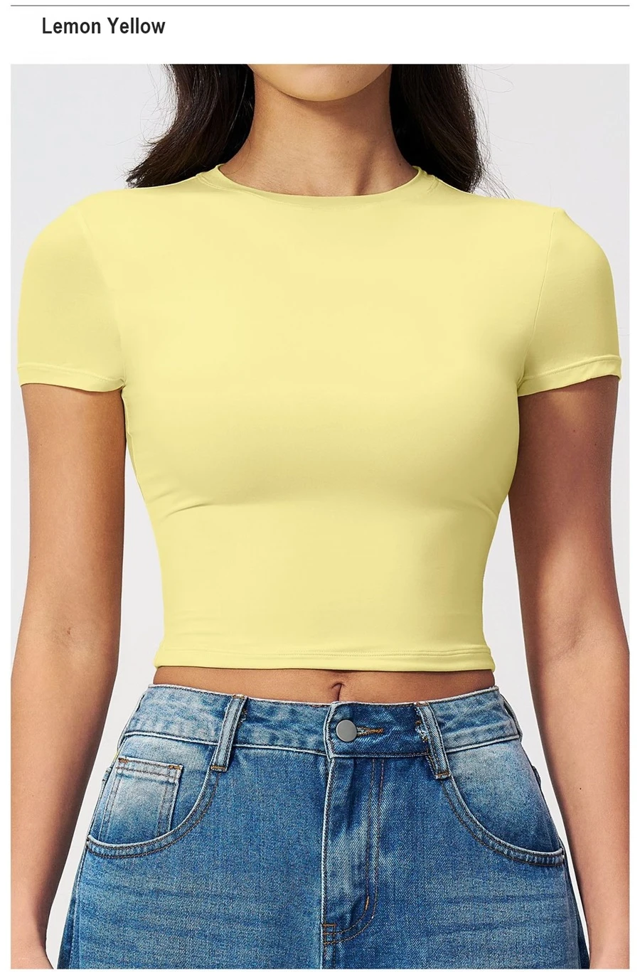 Women's cropped short sleeve yoga top in brushed four-way stretch fabric for yoga, Pilates, running, gym workouts, and activewear-lemon yellow front view