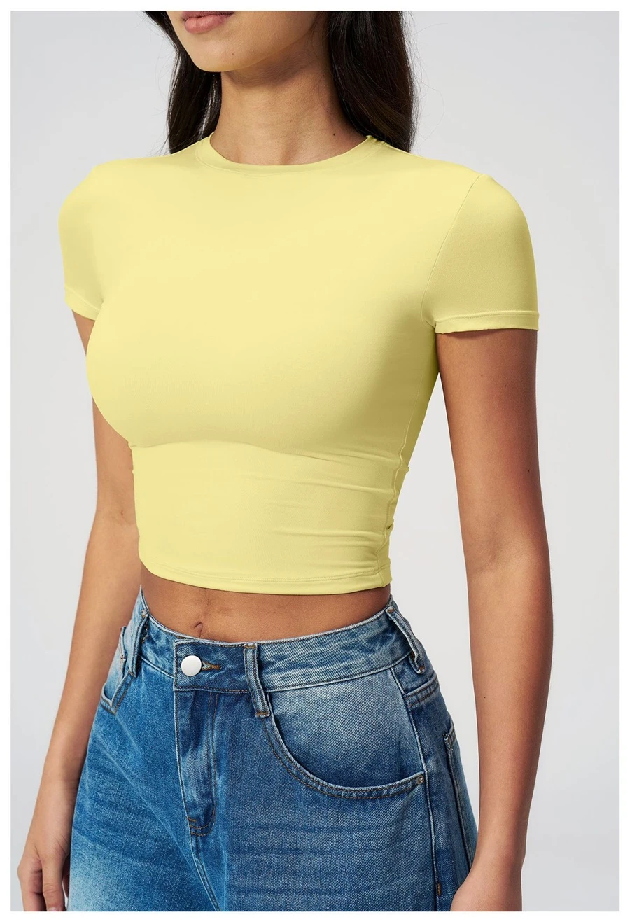 Women's cropped short sleeve yoga top in brushed four-way stretch fabric for yoga, Pilates, running, gym workouts, and activewear-lemon yellow