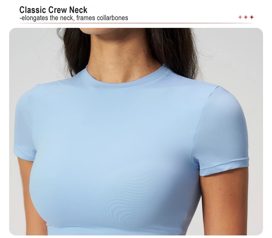 Women's cropped short sleeve yoga top in brushed four-way stretch fabric for yoga, Pilates, running, gym workouts, and activewear-key features