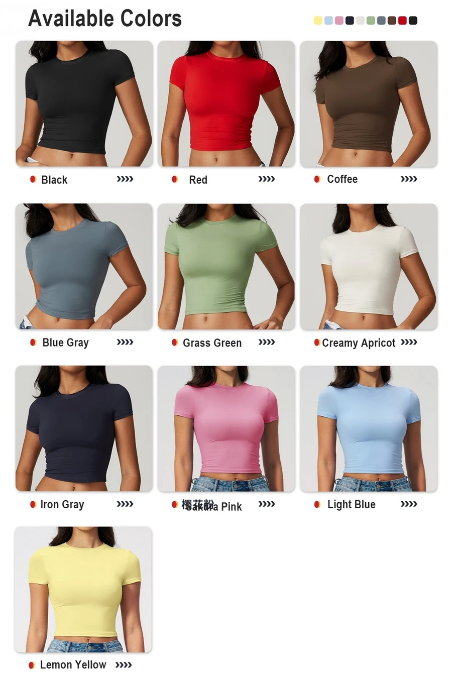 Women's cropped short sleeve yoga top in brushed four-way stretch fabric for yoga, Pilates, running, gym workouts, and activewear-available colors